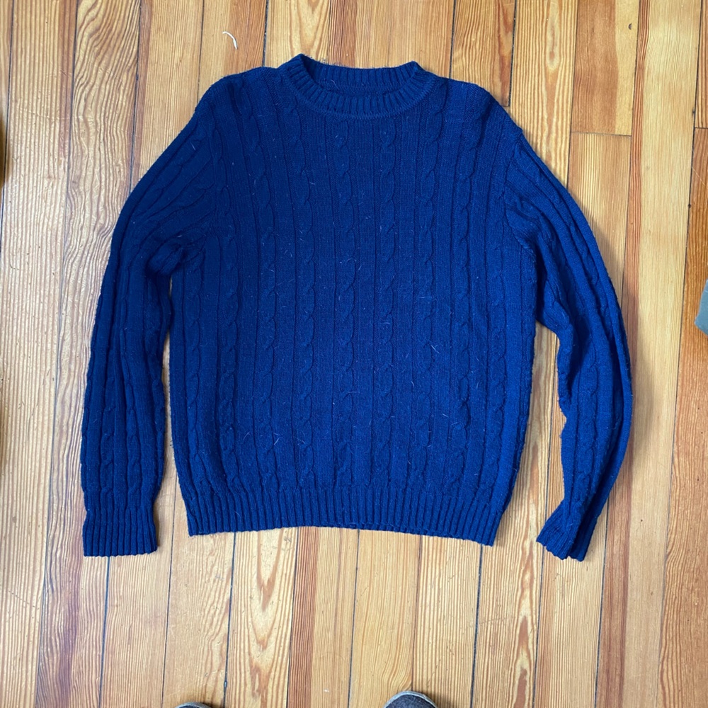 Vintage Hand-Knit Navy Blue Cable Knit Sweater 100% Wool